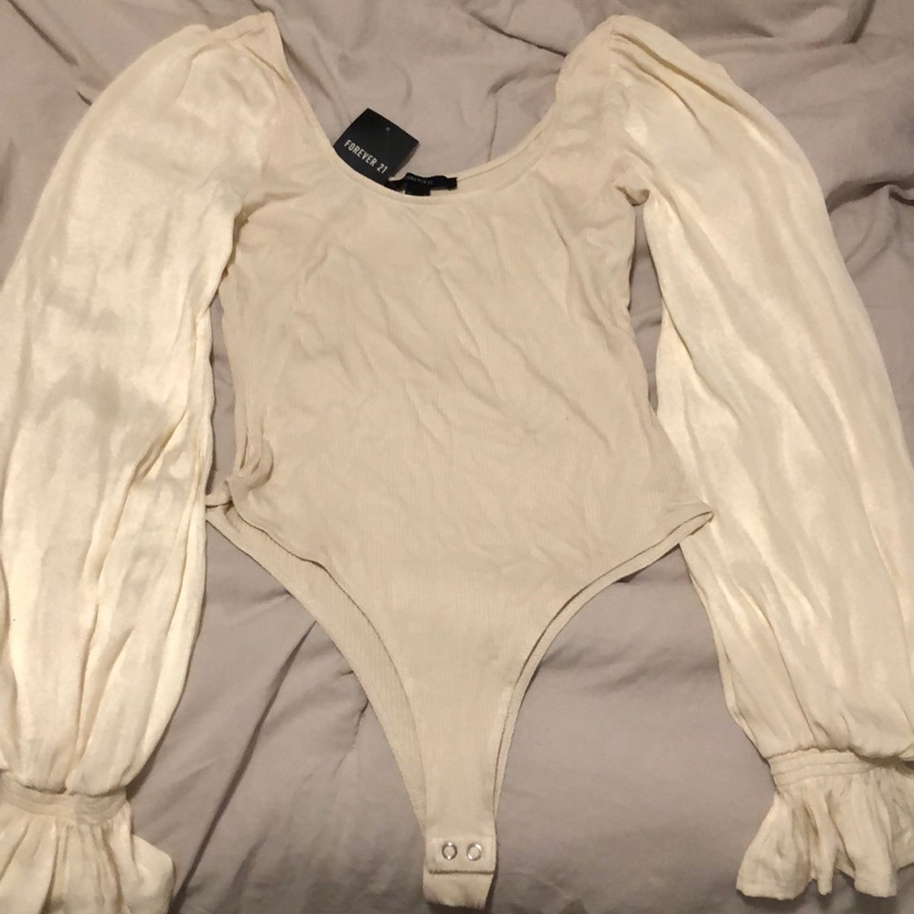 Forever 21 Cream Long Sleeve Scoop Neck Ribbed Bodysuit